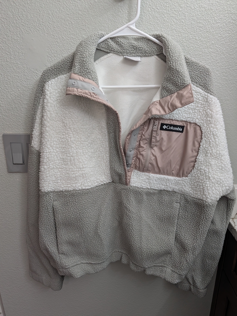 Columbia Two-Tone Sherpa Pullover Jacket in Light Gray, Cream & Blush